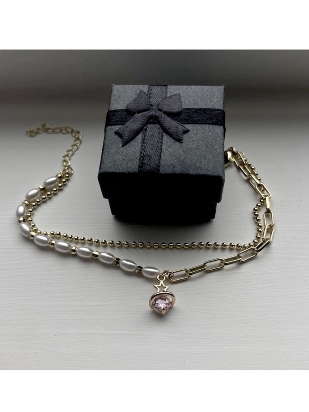 Gold Plated Layered Bracelet Faux Pearl Chain Pink CZ Celestial Charm Adjustable - Picture 2 of 11